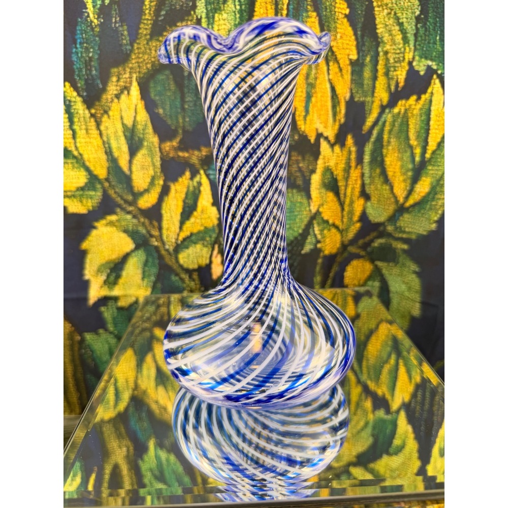 Pasabahce Turkey Eye of the Nightingale Blue White Spiral Glass Ruffled Vase